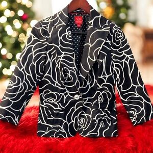 Oscar De La Renta Women’s Blazer Jacket Black & White Floral Pattern Sz 4 Cosmo